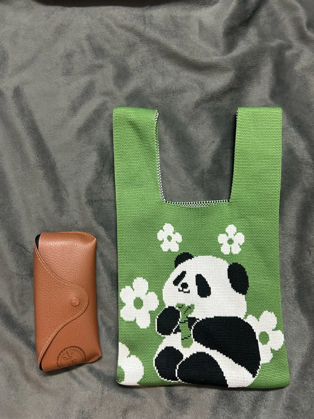 Green Panda Knit Kids Shoulder Bag - Cute Floral Tote